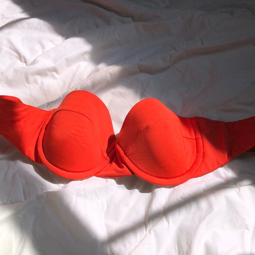 red/orange strapless bathing suit top